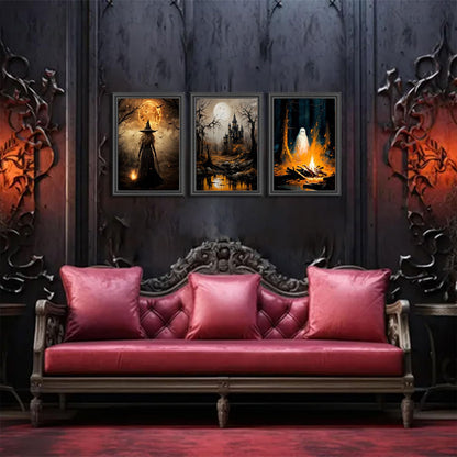 3pcs Halloween Canvas Wall Art Dark Academia Scary Witch Ghost Castle Posters Prints Thriller Horror Gothic Wall Decor Pictures for Halloween Party House Decoration Unframed