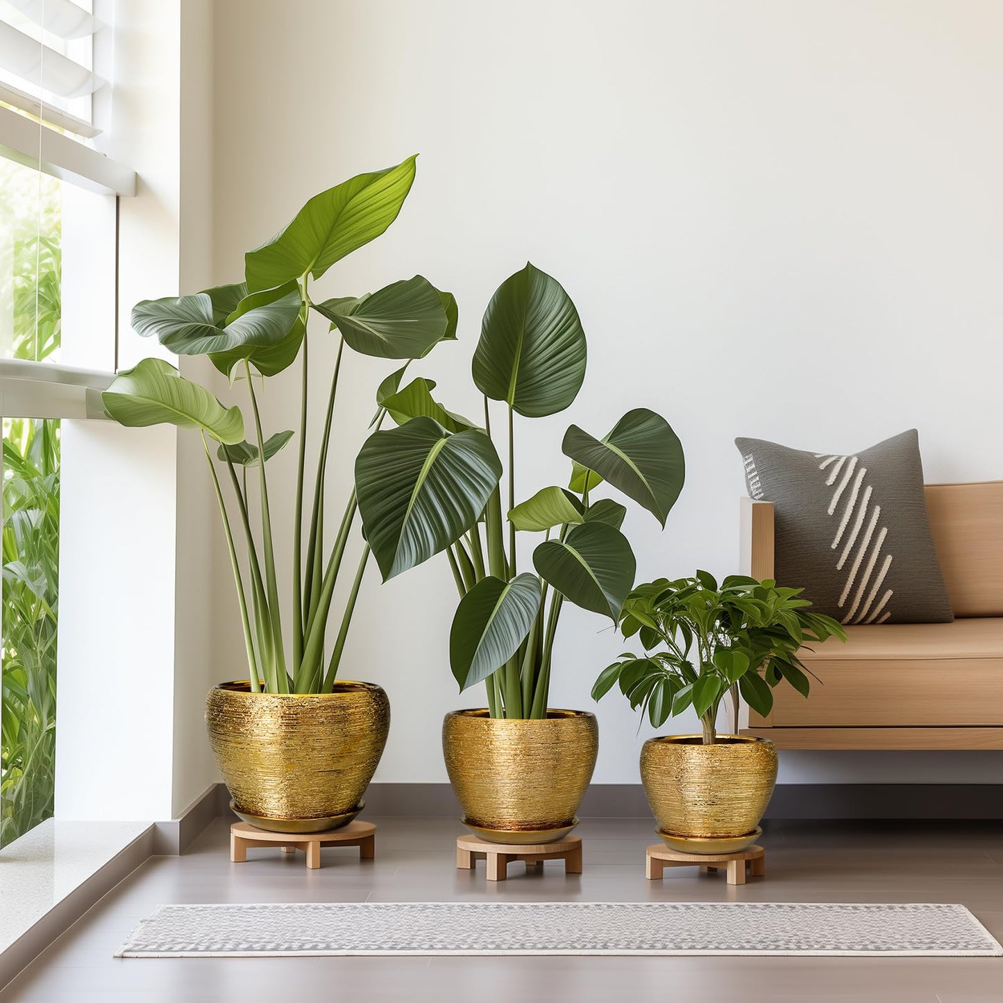 EPFamily Flower Pots for Indoor & Outdoor Plants - Ceramic Pots 10 Inch, 8 Inch, 6 Inch with Drainage Holes, Saucers - Decorative Large Planters Set of 3 Gold