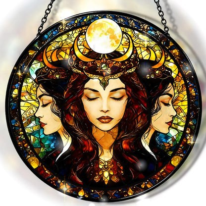 Greatingreat Stained Glass Window Hanging Hecate Triple Moon Goddess, Home Room Decor 7.8 Inch Sun Catchers Indoor Window, Whimsical Decor Pagan Wiccan for Women,Dark Feminine Energy