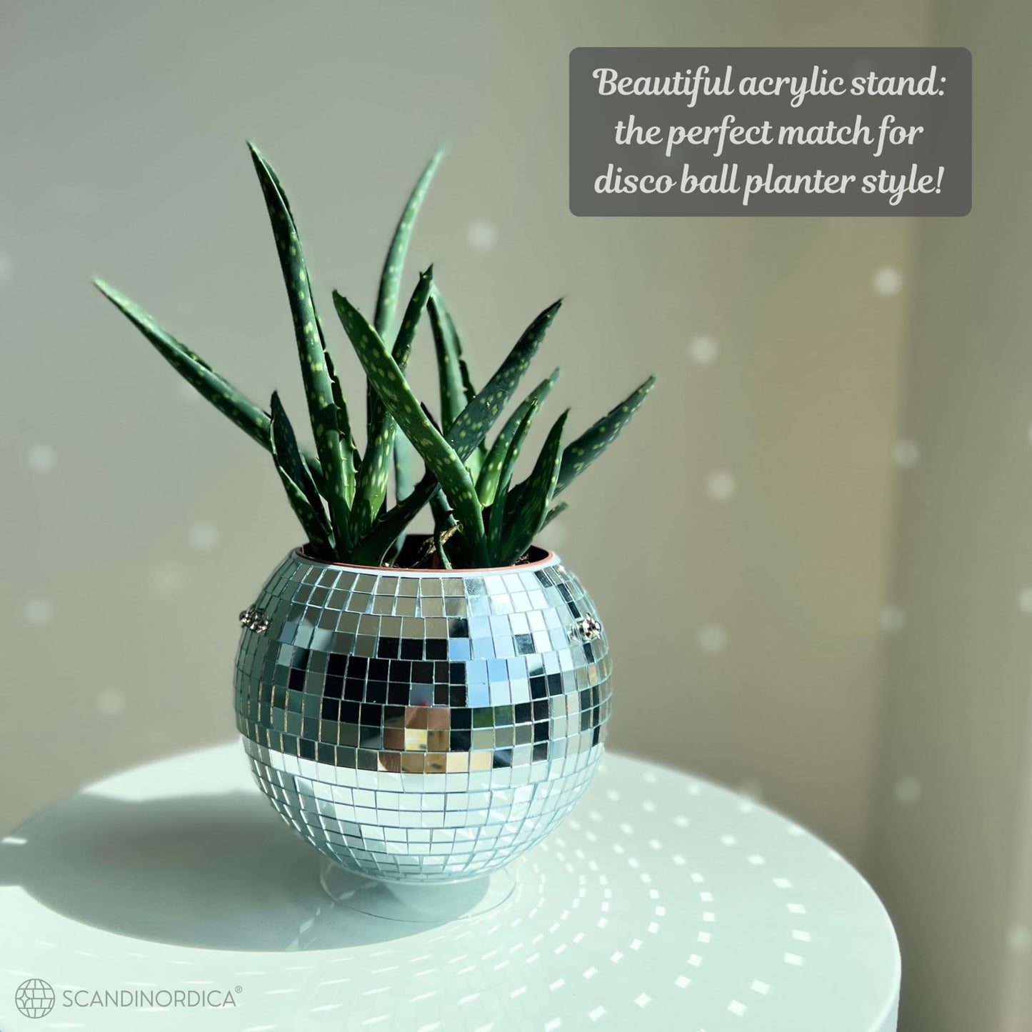 SCANDINORDICA Disco Ball Planter – Value Package: Mirror Disco Planter with Chain, Macrame Hanger and Acrylic Stand for Desk, Includes Self Watering Insert, Disco Ball Decor | 6 inch Silver