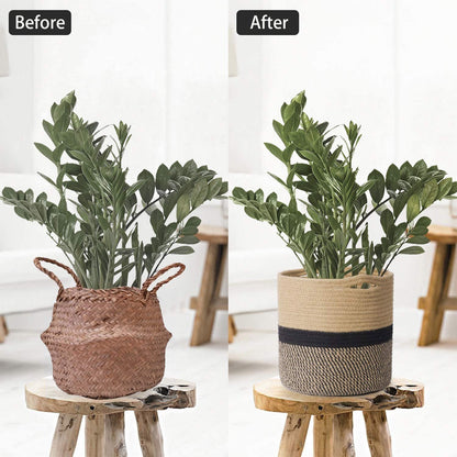 TIMEYARD Sturdy Jute Rope Plant Basket Modern Woven Baskets for 10" Flower Pot Floor Indoor Planters, 11” x 11” Storage Organizer Basket Rustic Home Decor, Black and Beige Stripes