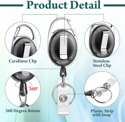 Honoson 50 Pcs Heavy Duty Retractable Badge Reels Batch ID Badge Holder Retractable Clip Bulk Key Holder with Ring for Office Worker Employee, Doctor Nurse Gifts (Clear Black)