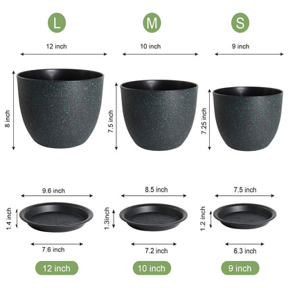 UOUZ 12/10/9 Large Modern Plant Pots, Plastic Planters with Drainage Holes and Saucers for Indoor Outdoor Plants Flowers, Black with Green Speckles