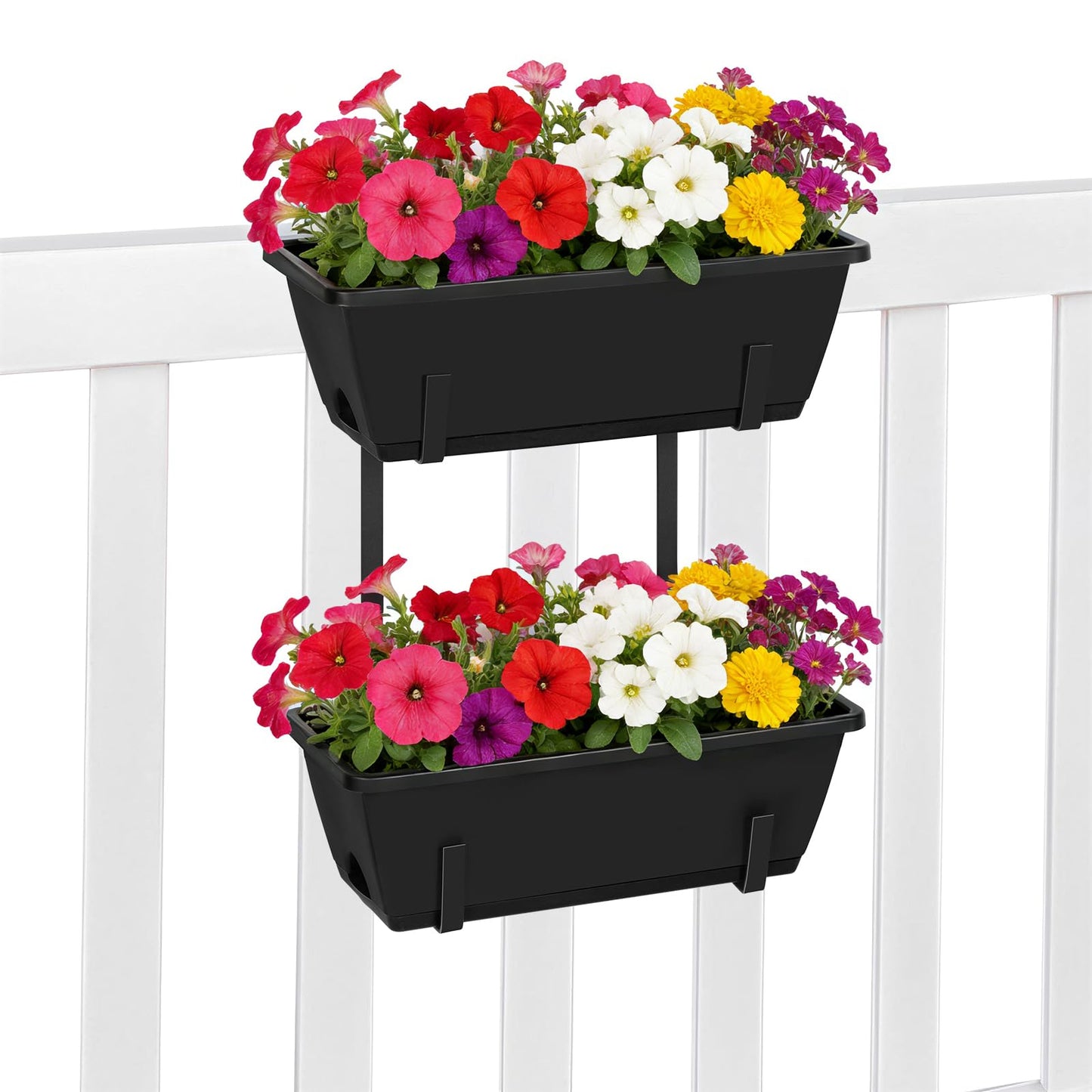 YAHKBTEN Railing Planter Boxes 2 Pack Window Boxes Planters with 2-Tier Adjustable Brackets, 17'’ Deck Railing Planter Boxes Vertical Balcony Hanging Flower Pots for Fence Rail Porch Garden Decor