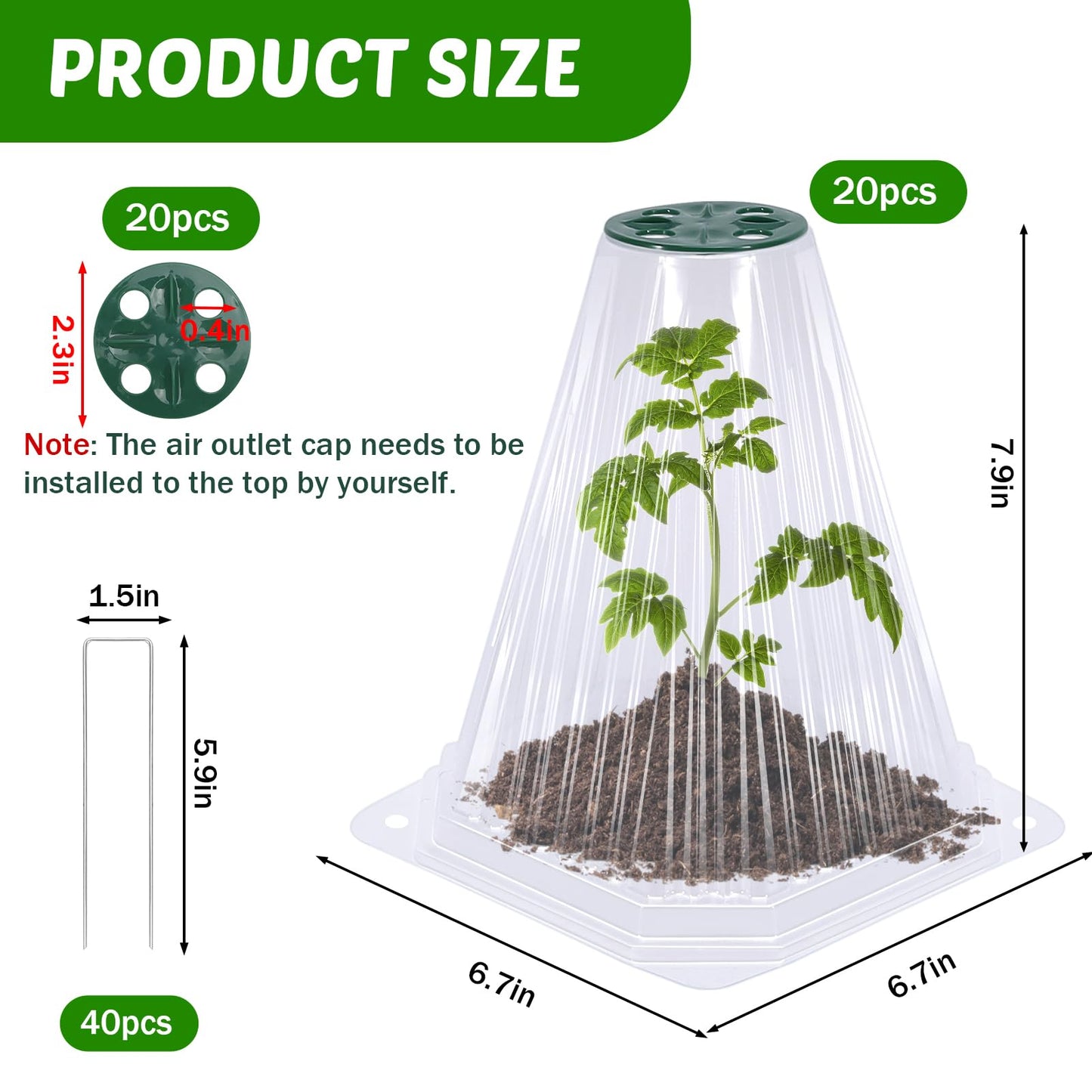 VICAMB 20 Pack Garden Cloches for Plants with 40PCS Ground Stakes,Clear Reusable Bell Covers with Rotatable Vent for Plant Protection,Garden Protector from Animals Birds Chicken,7.9" H X 6.7" D