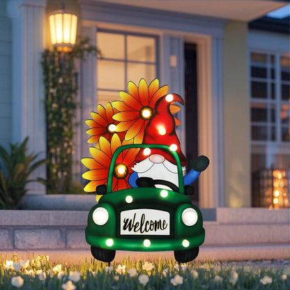 WONDER GARDEN Sunflower Yard Sign Decoration, 22.4" Metal Gnome Truck with LED Lighted, Outdoor Summer Garden Welcome Sign Stake, Outdoor Spring Truck Yard Decoration, Gift for Mom