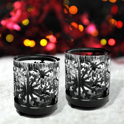Metal Snowflake Candle Holders Set of 2 with Glass Votive Inserts, Winter Table Centerpiece Decorations, Christmas Snowflake Decor for Dining Table, Mantel, Shelf, Holiday Home Accent, 3 Inch Height
