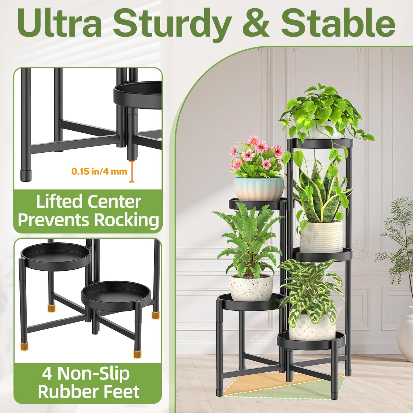 iDavosic.ly Plant Stand with Garden Tools, 5 Tier Corner Metal Flower Display Holder Shelf Indoor Outdoor, Folding Tall Orchid Rack for Patio Balcony Porch Living Room House, Black