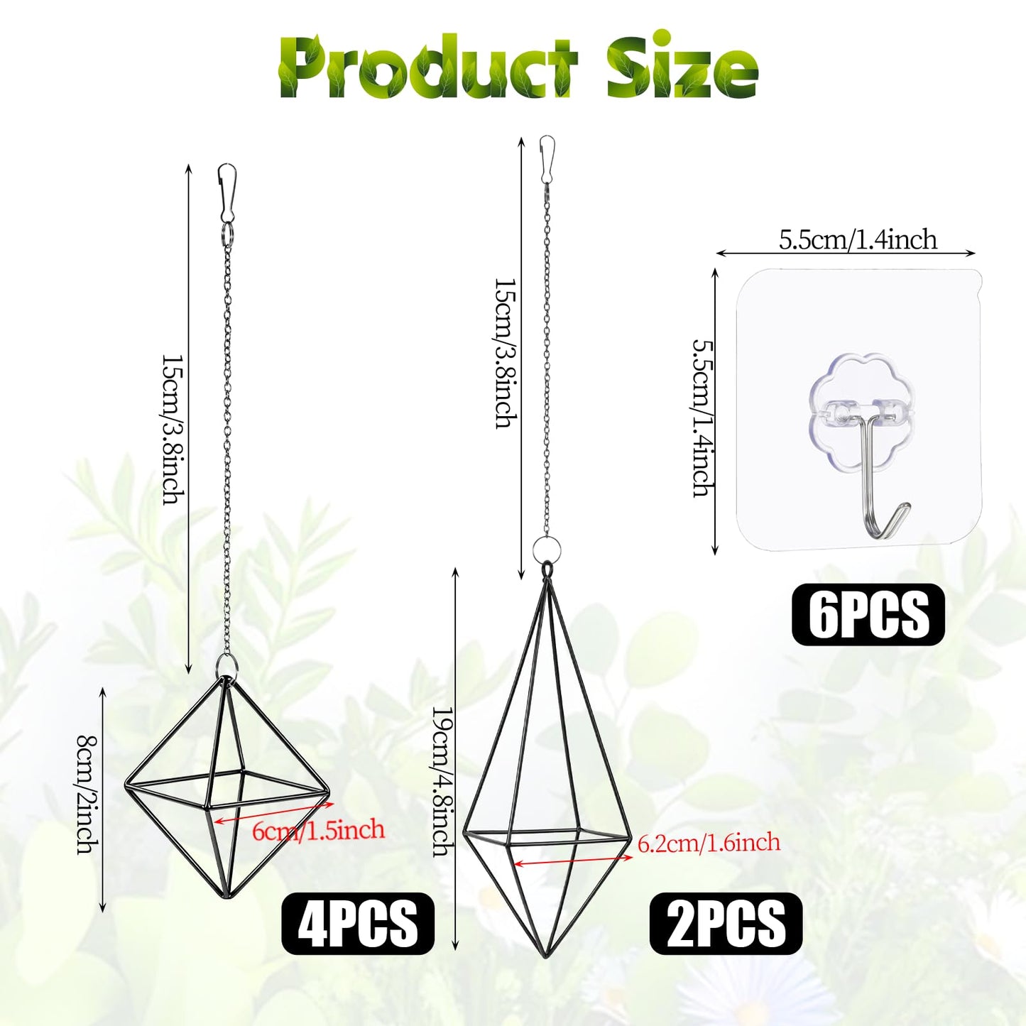 Yuanan 6 PCS Air Plant Hanger, Air Plant Holder Geometric Metal Airplant Holder Hanging Tillandsia with Chains, Home Decor, Balcony Planting and DIY Art for Small Indoor Plants-2 Size
