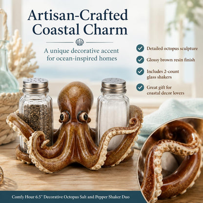Comfy Hour Decorative Octopus Salt and Pepper Shaker Duo, Artisan Crafted Coastal Sea Life Figurine Holder for Kitchen Tabletop, Includes 2-Count Glass Bottles, 6.1"L x 4.3"W x 3.5"H, Brown Resin