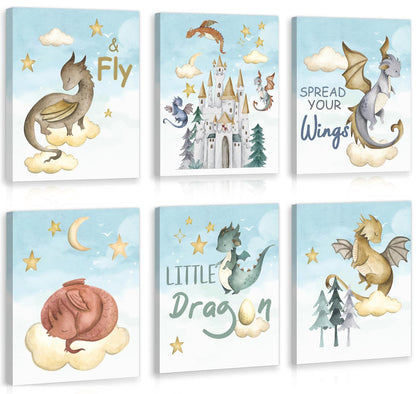 CHDITB Dinosaur Canvas Wall Art Nursery Wall Decor, Set of 6(8x10 inch) Cute Dream Dinosaur Cub Framed Art Prints, Baby Dinosaurs Cartoon Castle Animals Poster For Children's Boy Kids Room Bedroom