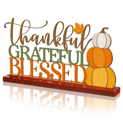 Cinnvoice 11.81 Inch Thanksgiving Table Sign Fall Decorations for Home Thanksgiving Metal Letter Centerpiece Decorations with Wooden Base Pumpkin Grateful Thankful Blessed Sign for Shelf Mantel