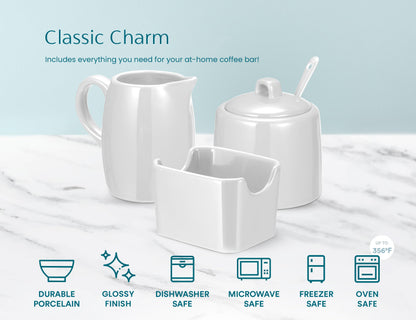 KooK Sugar and Creamer Set, 3 Piece, Pitcher, Sugar Bowl with Lid and Spoon, Sweetener Holder (White)