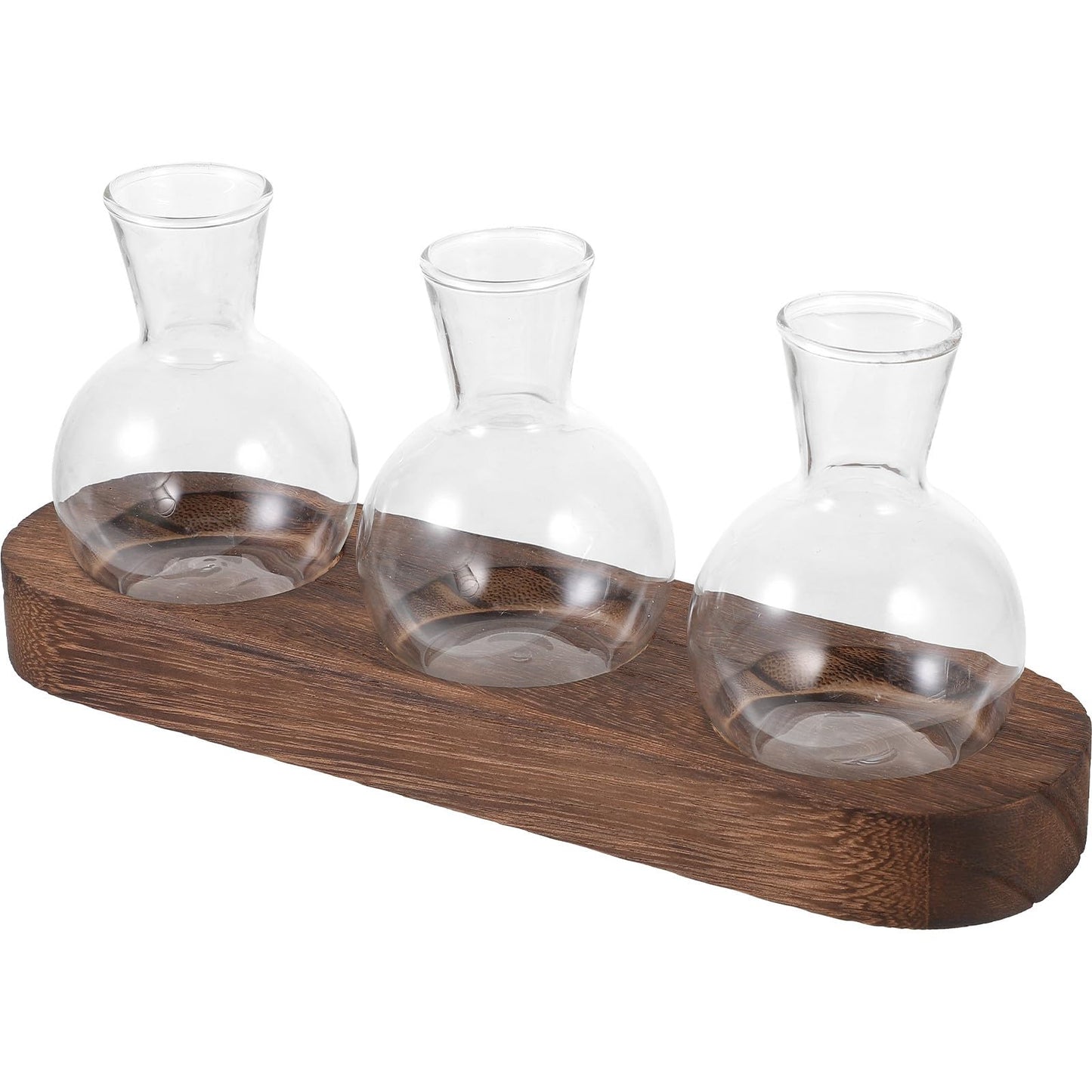 INOOMP Glass Floral Vase Set with Wooden Base, Hydroponic Plant Terrarium for Office and Living Room Desktop Decoration, 3pcs Small Glass Vases for Home Flower Centerpieces