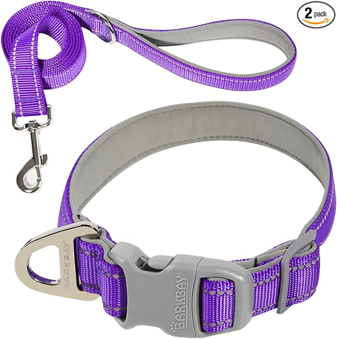 Dog Collar for Medium Small Large Dogs Reflective with Leash,Collar and Leash for Dogs,Soft Neoprene Padded 2 Pack(Purple,S)