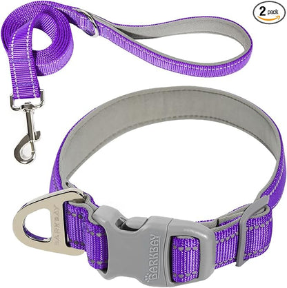 Dog Collar for Medium Small Large Dogs Reflective with Leash,Collar and Leash for Dogs,Soft Neoprene Padded 2 Pack(Purple,S)