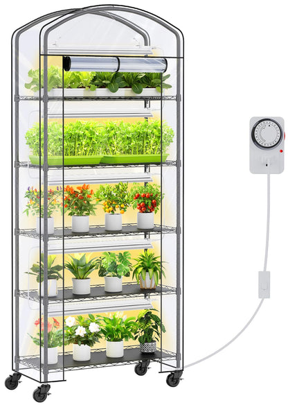 CUVERC Small Indoor Greenhouse with Grow Light & PVC Cover Portable Mini Greenhouse Tent Shelves Adjustable 5 Tier Metal Plant Stand with Grow Light for Indoor Plants, Seed Starting, 29.5"x13.7"x71"