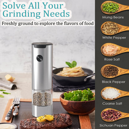 Electric Salt and Pepper Grinder Set, Automatic Salt Pepper Mill Grinder with Adjustable Coarseness, 95ml Large Capacity, LED Light & Easy Refill, Battery Operated Spice Grinders for Kitchen (Sliver)