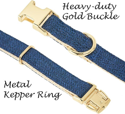 Luxury Soft Cotton Tweed Fabric Dog Collar & Leash Set with Gold Buckle – Durable Fabric, Stylish Design for Everyday Walks(Small Navy)