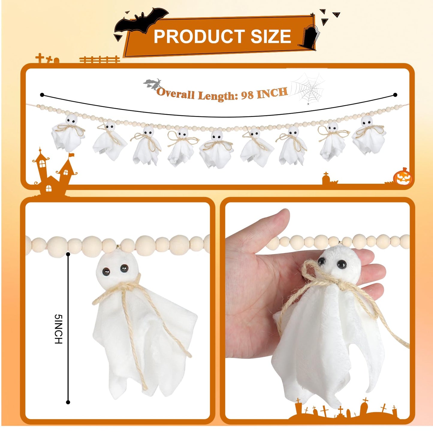 KIMPOK 8Ft Halloween Banner Garland with Cute White Ghosts & Wooden Beads, Handmade Rustic Halloween Decor for Wall, Indoor & Outdoor, Doorways & Mantel Decoration
