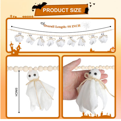 KIMPOK 8Ft Halloween Banner Garland with Cute White Ghosts & Wooden Beads, Handmade Rustic Halloween Decor for Wall, Indoor & Outdoor, Doorways & Mantel Decoration