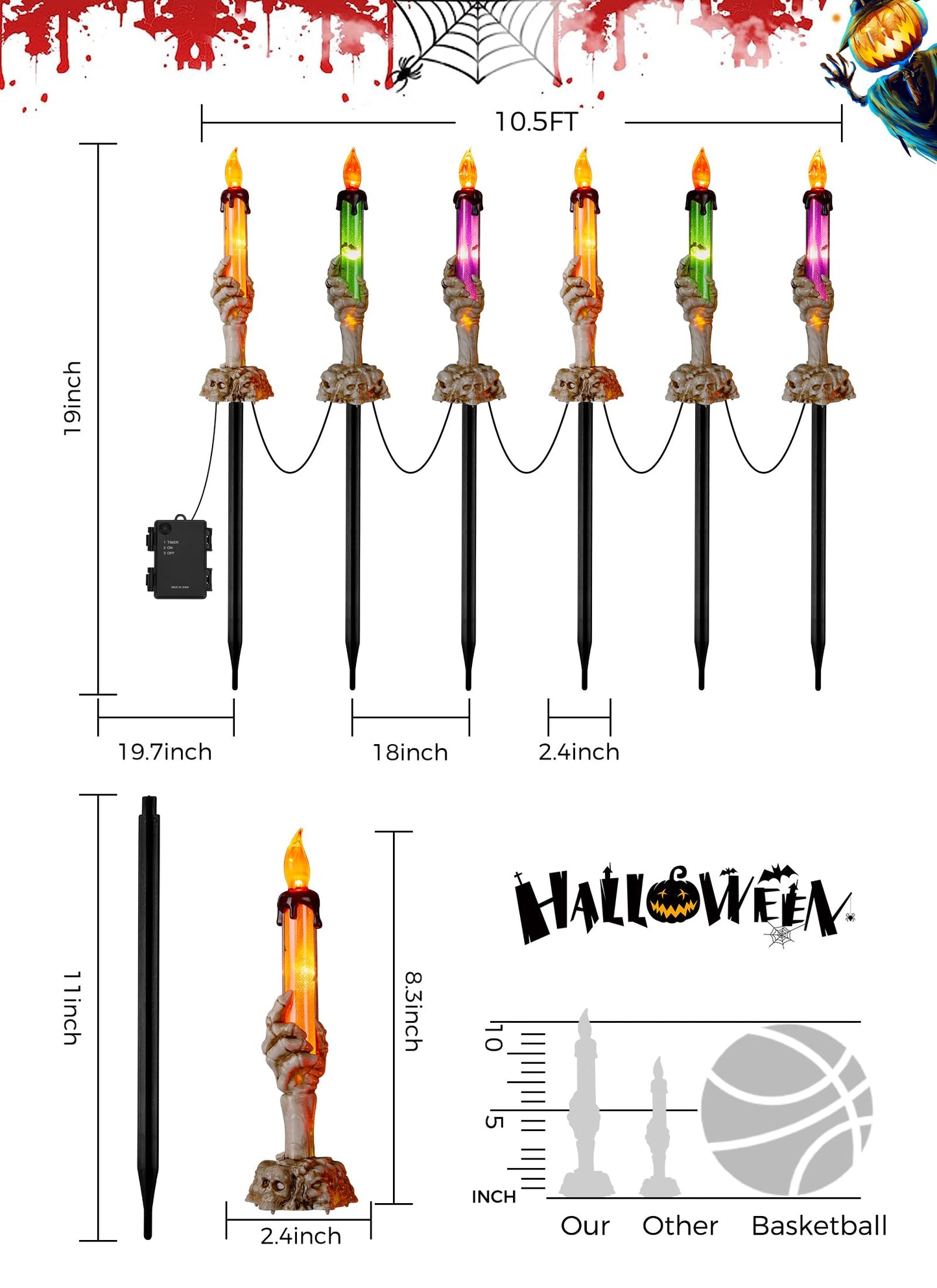 Halloween Decorations, 6 Pack Skeleton Hands Hold Lighted Candle Stakes, Waterproof Battery Operated Pathway Decor with Timer, Light Up for Tabletop Indoor Outdoor Party Lawn Yard Garden Warm White