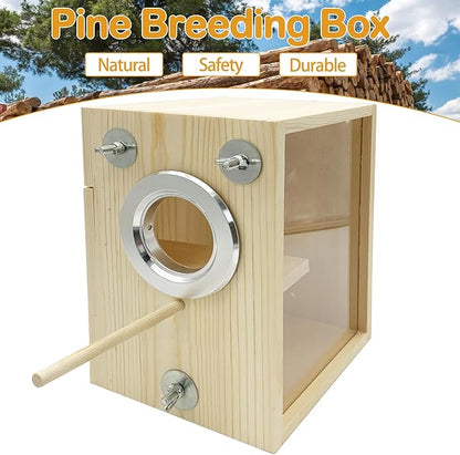 BNOSDM Parakeet Nesting Box Transparent Bird Breeding Nest Boxes Natural Wood Bird Cage House with Coconut Fiber for Small Conure Lovebirds Finch Parrot Canary