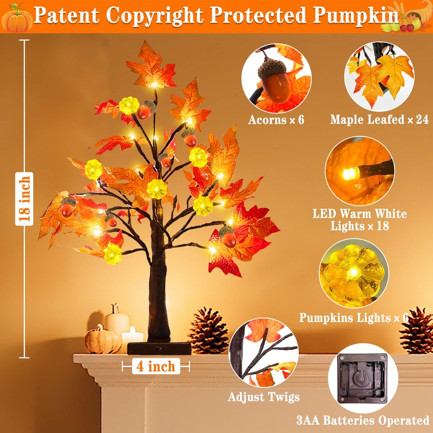 TURNMEON Fall Decor 2 Pack 18 Inch Prelit Fall Maple Tree Fall Decorations for Home with 48 LEDs Timer Battery Operated Pumpkin Lights Lighted Thanksgiving Halloween Decor Table Mantle Indoor Outdoor