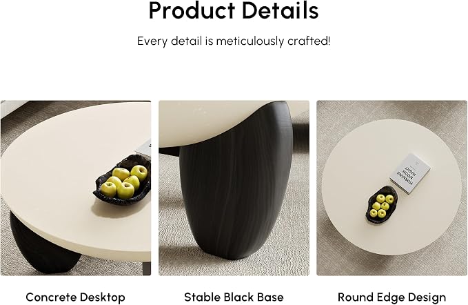 homary Round Concrete Coffee Table with Premium Walnut Ash Wood Legs, Modern Minimalist Cement Finish Center Table for Living Room (Black, 29.9" W x 29.9" D x 14.4" H)