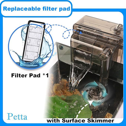 Slim Aquarium Filter with Surface Skimmer,Quiet Hang on Back Fish tank Filter (A-1) for 1-10 Gal Aquariums, 53GPH(200L/H), 3W, 1 Pre-filter Sponge, 1 Filter Pad
