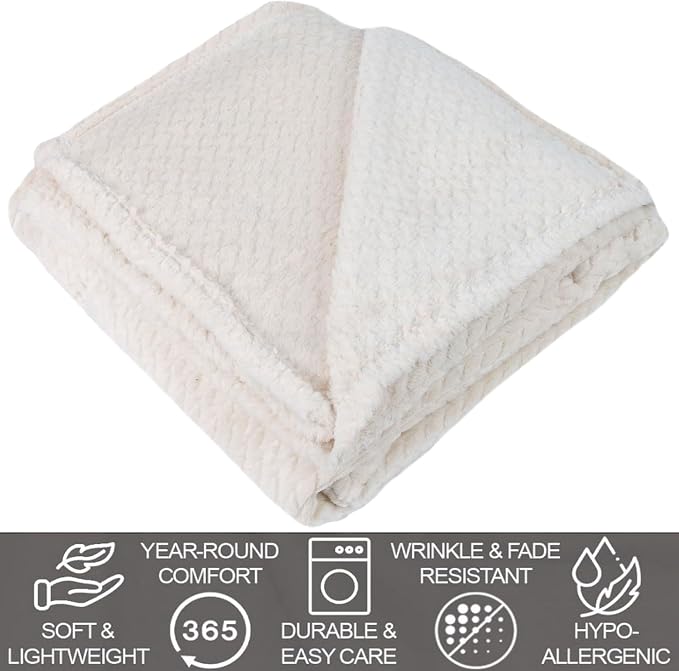 Waffle Knit Textured Throw Blanket Soft for Couch, Sofa, Twin Bed, Kids, Adults, 50” x 60” Chenille Knit Blanket, Boho Throw Blanket for Home Decor 250 GSM (Creamy White)