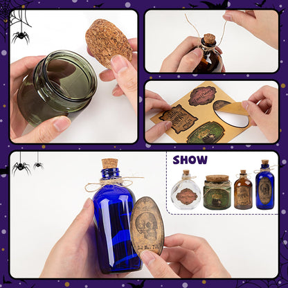 HOHUCRAB Potion Bottles Halloween Decoration, Set of 4 Glass Potion Bottles with Corks and 10 Halloween Bottle labels, Halloween Tiered Tray Decor, Halloween Decorations Indoor