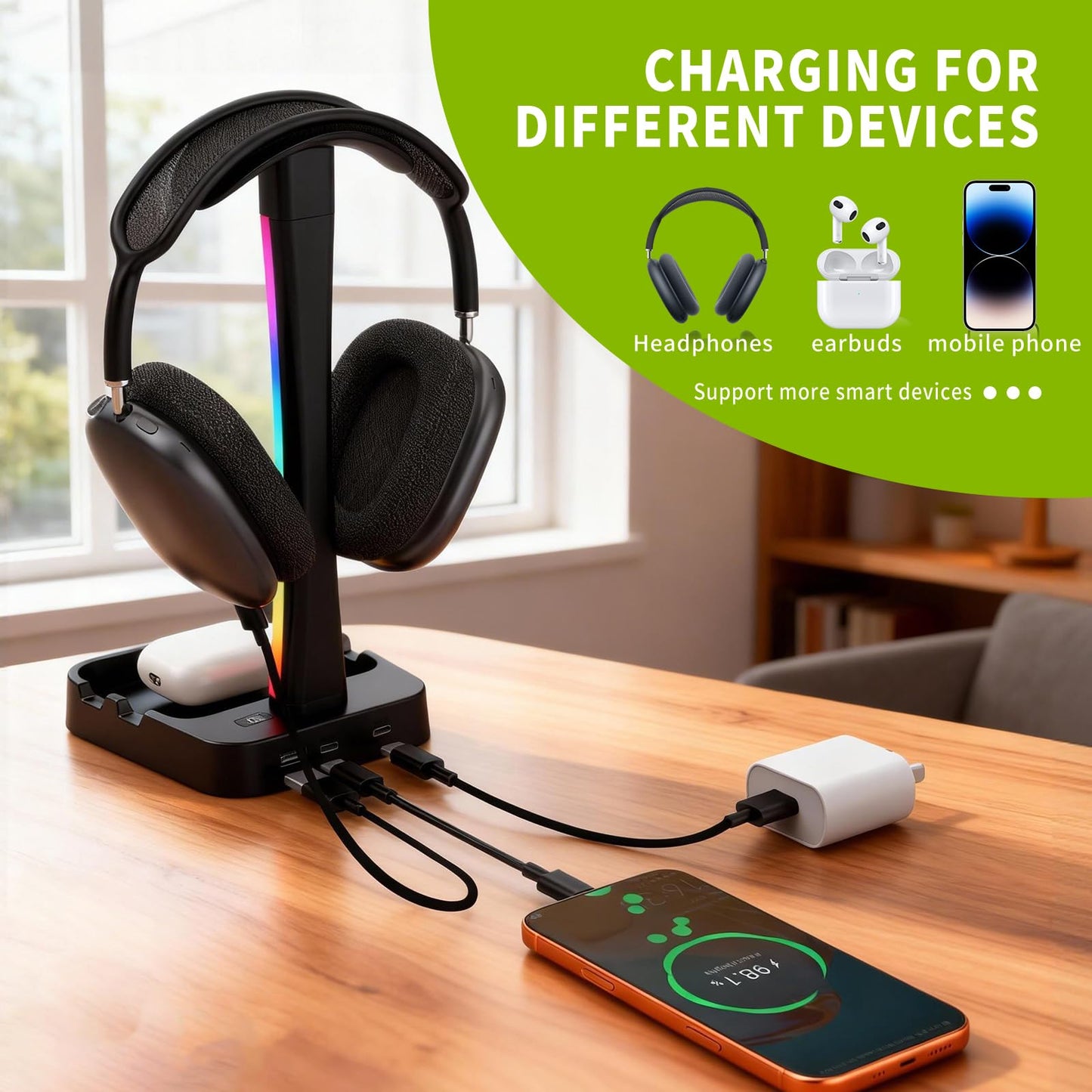 Tascaquin Headphone Stand with Charger,Gaming Headset stand with RGB Light Mode,For Airpod Max Stand,Desk Lamp,Phone Holder,Tablet Holder,desktop organizer,Gifts for Gamers & Music Lover(Black)