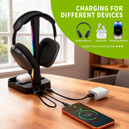 Tascaquin Headphone Stand with Charger,Gaming Headset stand with RGB Light Mode,For Airpod Max Stand,Desk Lamp,Phone Holder,Tablet Holder,desktop organizer,Gifts for Gamers & Music Lover(Black)