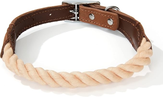 Mile High Life Genuine Leather Dog Collar, Durable Braided Cotton Rope Collar with Metal Pin Buckle for Small Medium Large Dogs (Light Brown, L Neck 17"-21")