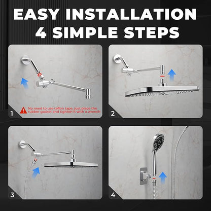 Wide Rain Shower Head With 5 Modes Handheld Showerheads, High Pressure Showerhead Combo with Extension Arm for Bathroom Accessories, Adjustable Shower Head with Anti-Clog Nozzles (Chrome)