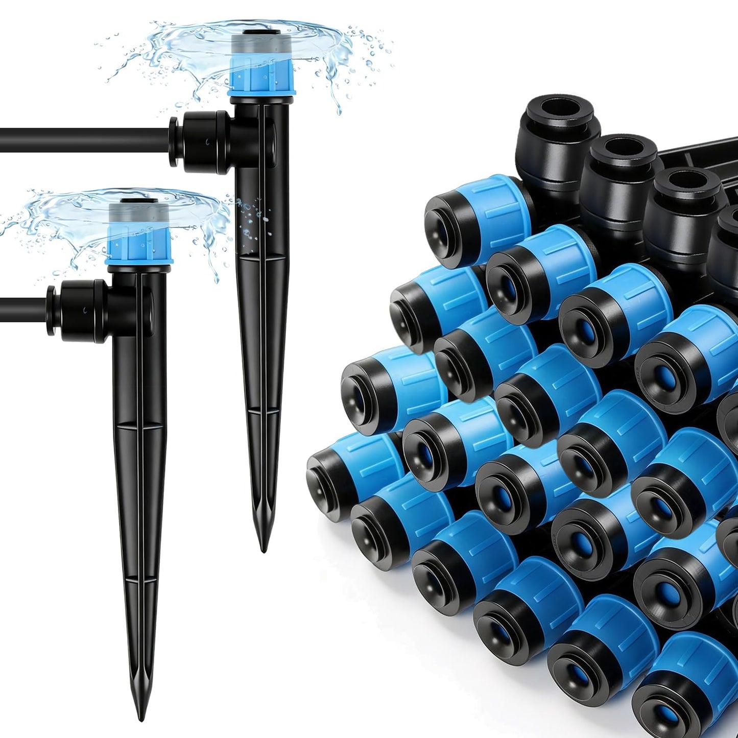 FoxRose 30 Pack Quick Connect 1/4 Inch Drip Irrigation Emitters Fittings, 1/4'' Dripline Push-to-Fit Irrigation Vortex Emitters Adjustable 360 Degree Emitter with Stake for Garden Sprinkler Systems