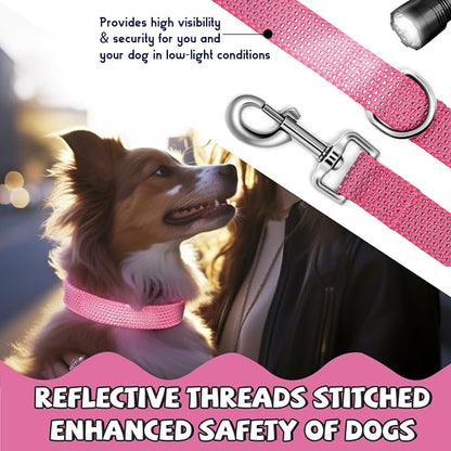 Reflective Dog Collar and Leash Set, Nylon Dog Leash with Heavy-Duty Steel D-Ring, Adjustable with Quick Release Buckle for Small Dogs, Pink S