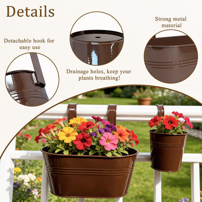Joyfernal Set of 12 Balcony Hanging Planters, 4 Pcs 17" Metal Railing Flower Pots & 4 Pcs 12" Deck Planter & 4 Pcs 4" Fence Pot for Outdoor Patio Garden Décor, Chocolate