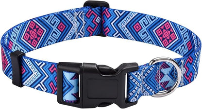 MarukoPet Dog Collar, Adjustable for Small Medium Large Dogs Puppy, Cute Design with Bohemia Floral Tribal Geometric Patterns Boys Girls Dog Collar(Blue Ethnic Style-L)