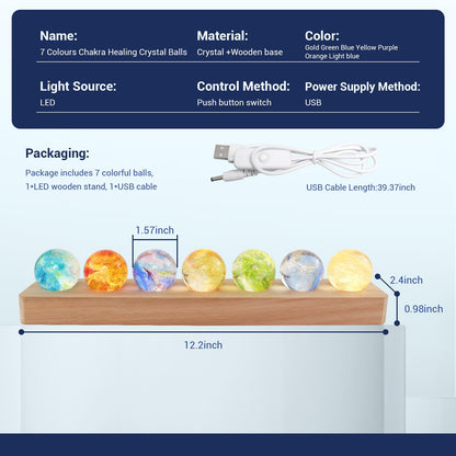 LOSCHEN 7 Chakra Natural Healing Spheres with LED Wooden Stand 40mm Crystal Quartz Stones for Meditation Energy Balancing Decor, Yoga Zen Home Office Desk Ornament