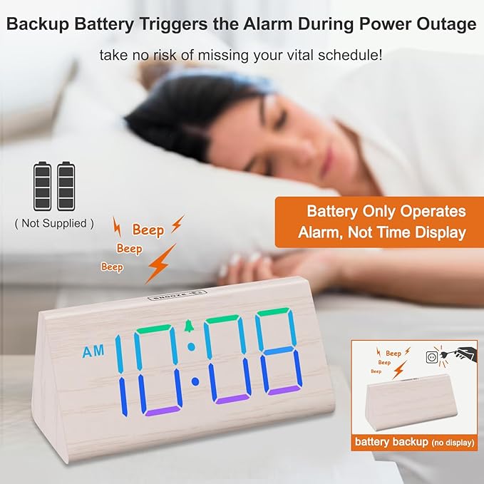 DreamSky Wooden Digital Alarm Clock for Bedroom with RGB Large Numbers | Electric Desk Clock, USB Port, Loud Alarm for Heavy Sleepers, Dimmer and Volume Control, Snooze, Wood Décor, Adapter Powered