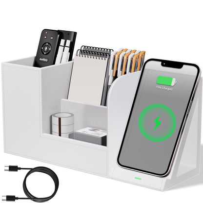 Multi-Functional Pencil Holder for Desk, Desk Organizers and Accessories with 4 Compartments for Office Art Supplies,Desk Phone Stand Charger for Desktop/Counter,Wihte Office Storage for Pens, Keys