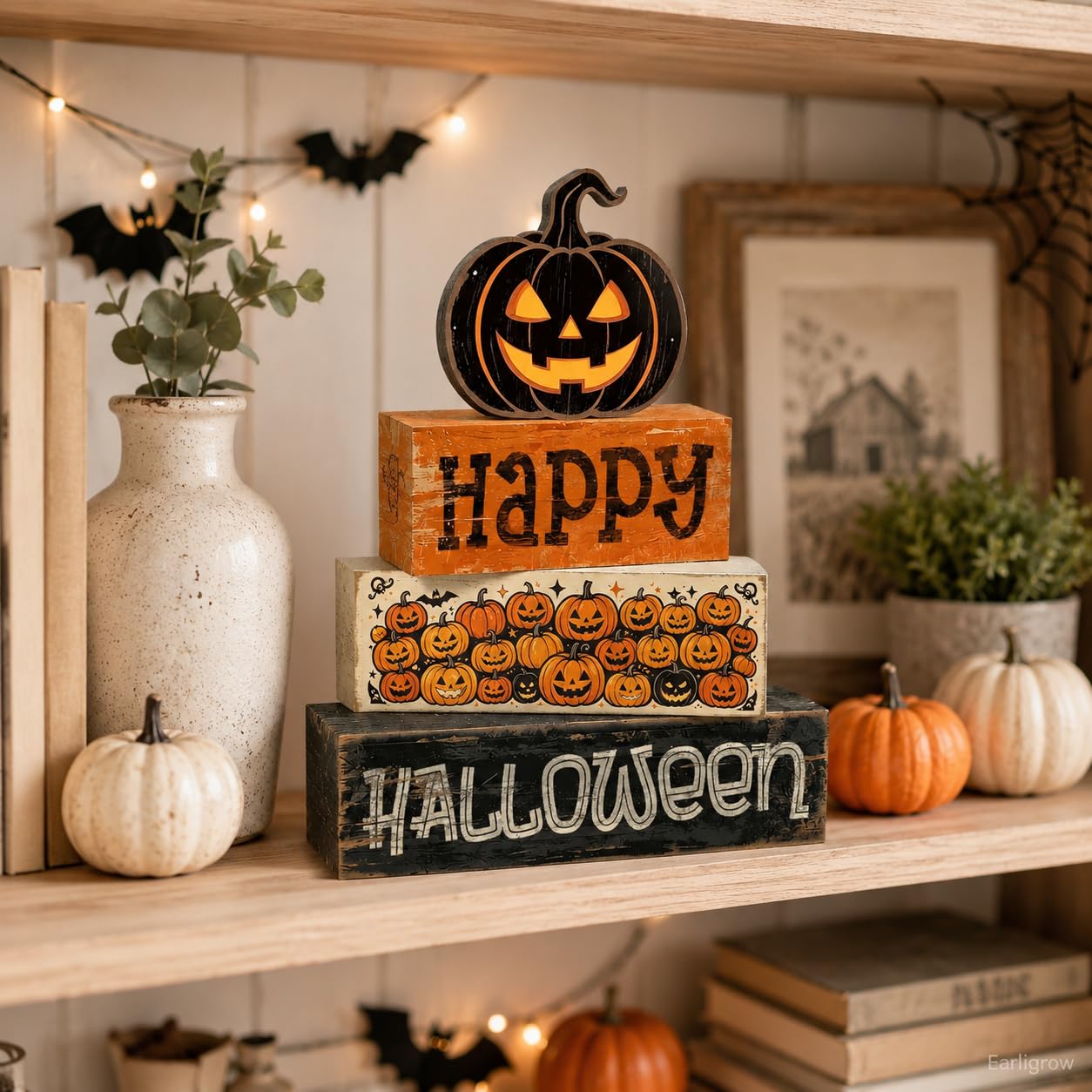 4 Pcs Halloween Tiered Tray Decor, Farmhouse Rustic Wooden Block Signs with Scary Jack-O-Lantern, Happy Halloween Pumpkin Tabletop Centerpiece for Home Kitchen Mantel Shelf