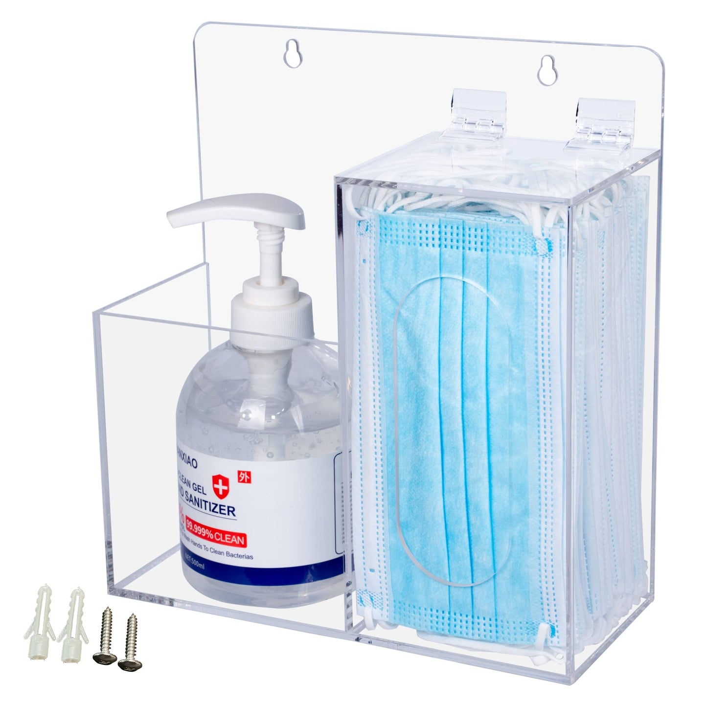 Koemehr Mask Dispenser and Hand Sanitizer Acrylic Mask Storage Box Holder Stand Wall Mount or Countertop，Hygiene Station with 2 Compartment Clear Box for Home，Office，Car