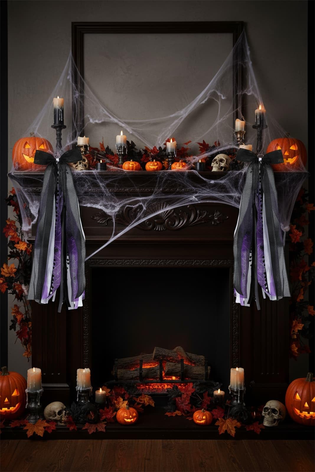 YKW Halloween Wreath Bow 27 Inch, Black Purple Spider Web Sash for Front Door Decoration, Large Gothic Ribbon Streamers Indoor Outdoor Wall Hanging