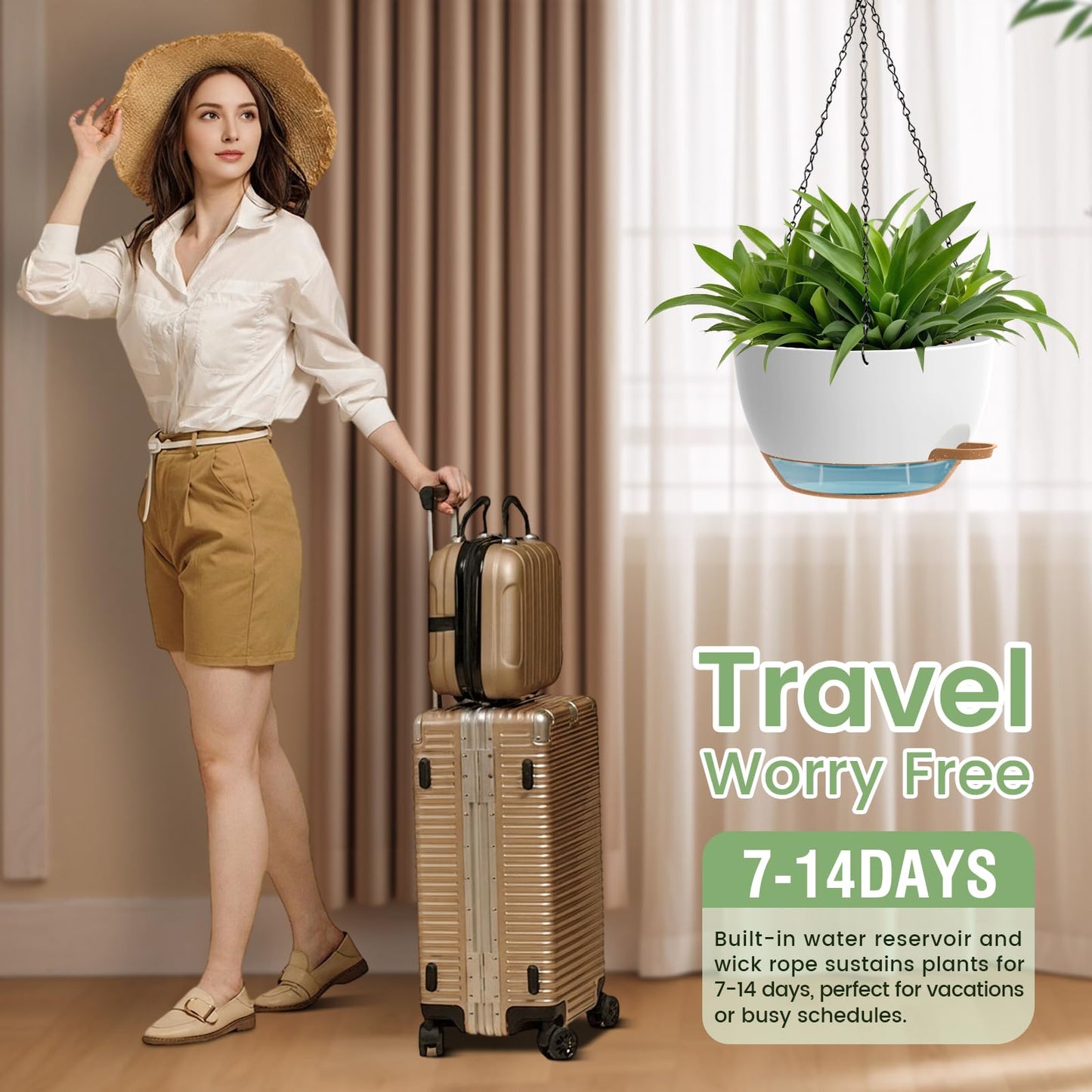 2 Pack 12 Hanging Flower Pots with Chains Self Watering Plastic Planters for Indoor Outdoor Plants, Sturdy Triangular Iron Chain Design for Garden PorchPlastic hanging flower pots (2, White-brown)