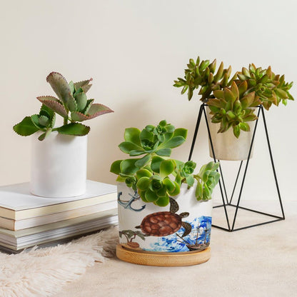 DreamAutumn Ocean Theme Sea Turtle Ceramic Pots for Plants with Drainage Holes Round Flower Pot Bamboo Tray Orchid Pot Succulents Pots for Outdoor Indoor Plants,Housewarming Gifts