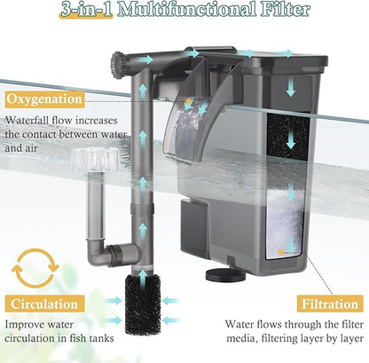 5W Hang on Aquarium Filter: Ultra Quiet 124 GPH Fish Tank Filter with Filter Sponge and Activated Carbon, Adjustable Waterfall Filter for 5-15 Gallon Fish Tank