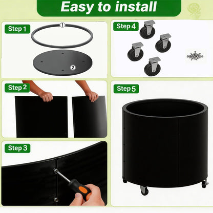 2 Pcs Round Metal Planters for Outdoor Plants on Wheels,22" Tall Planters Pots with Drainage Holes for Citrus Trees Vegetables, Morden Large Raise Planter Box for Commercial Patio Porch,Black